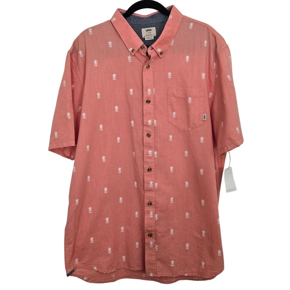 Vans Houser SS Button Up Shirt Mens XL Pink Salmon Skull Pineapple Skater‎ NWT